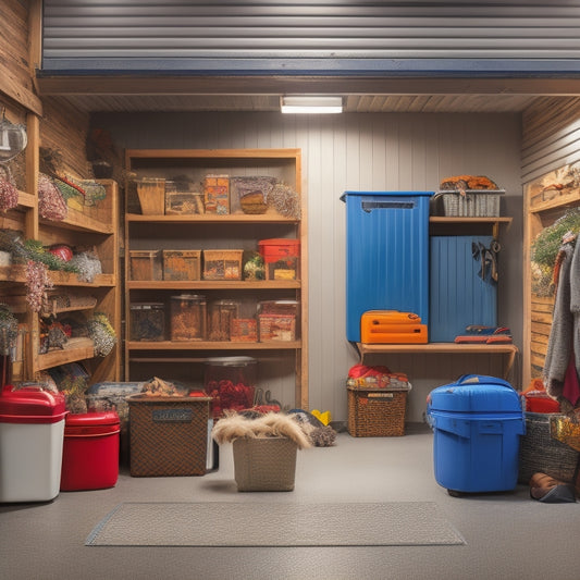 A cluttered garage with seasonal decorations scattered around, with a few empty storage bins in the corner, transitioning to a tidy garage with decorations neatly organized in labeled bins with lids closed.