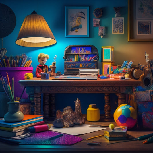 A colorful, whimsical illustration of a child's desk, surrounded by art supplies, musical instruments, and books, with a subtle glow emanating from the center, conveying inspiration and creativity.