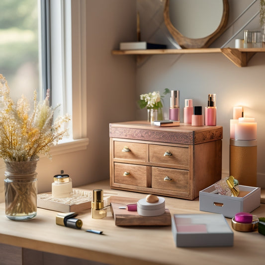 A serene, well-lit workspace with a wooden crate, decorative boxes, and makeup storage containers arranged artfully on a white desk, surrounded by beauty products and soft, natural lighting.