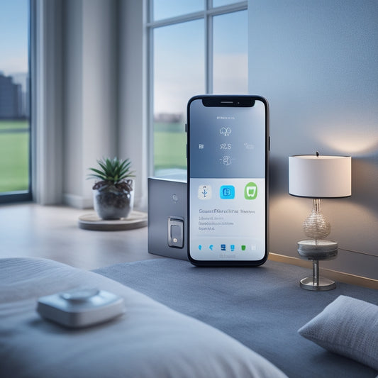 A minimalist illustration of a smartphone displaying a user-friendly home automation app, with a sleek modern home in the background, featuring smart devices and a subtle gear or cog pattern.