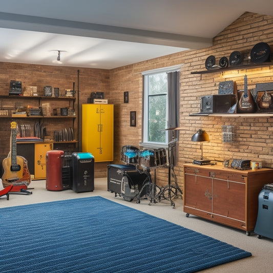 A clutter-free garage with a soundproof music practice area, sleek shelving units storing guitars, amps, and music gear, and a Murphy table with a turntable and vinyl records.