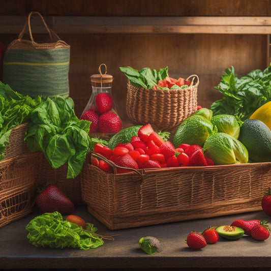 A vibrant, overflowing farmer's market stand with crisp lettuce, plump strawberries, and firm avocados, surrounded by woven baskets, wooden crates, and a few strategically placed ice packs.