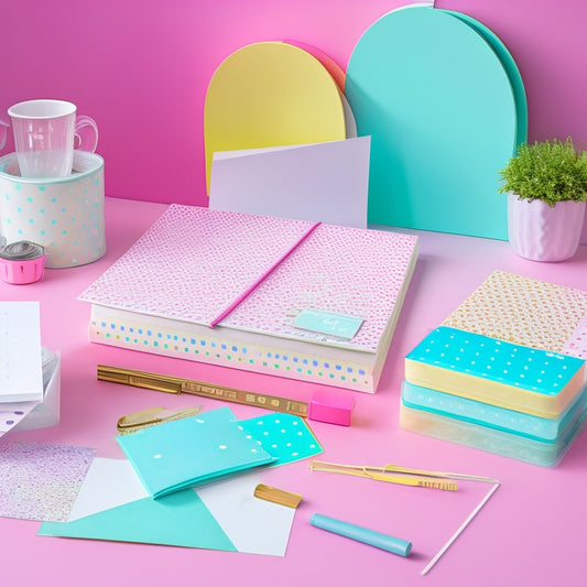 A colorful, clutter-free desk scene featuring a mix of DIY printables: a geometric-patterned calendar, a set of pastel-hued folders, a polka-dot to-do list, and a few decorative paper clips.