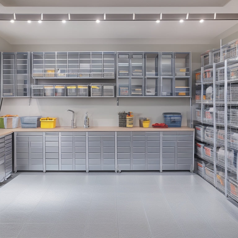 A well-organized garage with sleek, silver shelving units, baskets, and cabinets, featuring a slatted wall system with hooks and bins, and a polished, epoxy-coated floor.