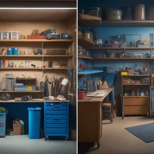A before-and-after split-screen image featuring a cluttered garage with tools and storage containers scattered about, contrasted with a tidy, organized space with labeled bins, a pegboard, and a sleek workstation.
