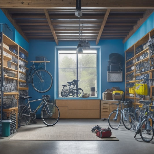 A cluttered garage with bikes, tools, and boxes scattered on the floor, contrasted with a maximized ceiling storage system featuring installed shelves, hooks, and bins, with a few bicycles and luggage suspended from the ceiling.