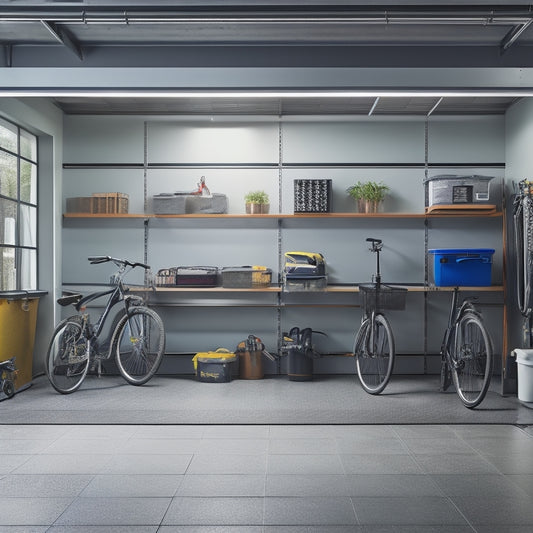 A tidy, well-lit garage with a sleek, gray epoxy floor, featuring a pegboard with neatly arranged tools, a shelving unit with labeled bins, and a parked car with a bicycles suspended above.