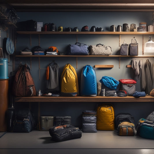 A tidy garage space with camping gear neatly organized on wall-mounted shelves, hooks, and bins, featuring a prominent display of backpacks, sleeping bags, and camping lanterns.