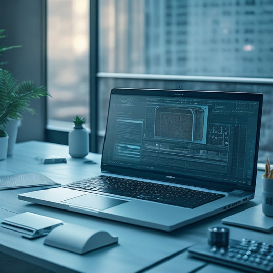 A futuristic, sleek, and modern illustration of a laptop with a fax machine's interface on the screen, surrounded by minimalist office supplies and subtle digital circuitry patterns in the background.