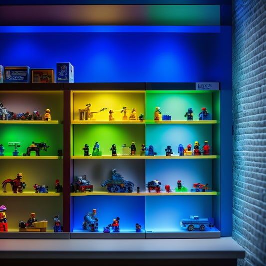 A colorful, modern, and well-lit room with a wall-mounted, multi-tiered LEGO showcase shelf, displaying a diverse array of LEGO sets, models, and mini-figures, amidst a subtle, blurred background.