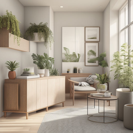 A serene, minimalist illustration of a townhome's interior, with partially unpacked boxes and furniture, surrounded by calm, natural light, and a few strategically placed plants, conveying a sense of organized transition.