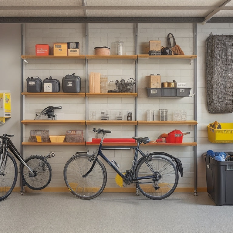 A small, organized garage with slatwall panels, hooks, and bins, featuring a compact workstation, a wall-mounted foldable bike rack, and a sleek, overhead storage system with labeled containers.