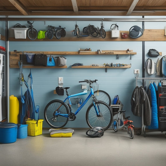 A well-organized garage with a slatwall, bins, and hooks, featuring a parked car, a bicycle, and a few outdoor equipment, all neatly arranged and labeled, with a bright and clean background.