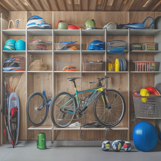 A clutter-free garage interior with sleek, wall-mounted racks holding various sports equipment: bicycles, kayaks, surfboards, and fishing rods, alongside labeled bins and baskets storing helmets, balls, and gear.