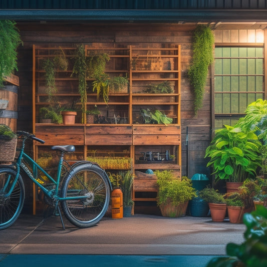 A well-lit, modern garage with a living green wall, wooden crates, and repurposed pallets storing gardening tools, bikes, and eco-friendly cleaning products, surrounded by lush plants and a reclaimed wood workbench.