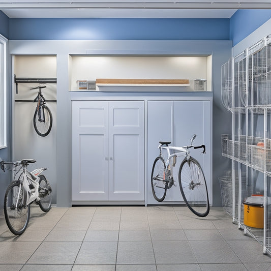 A tidy, well-lit garage with sleek, silver overhead storage racks, matching cabinets, and a slotted wall system, featuring a few strategically placed bicycles and tools, amidst a predominantly white and gray color scheme.