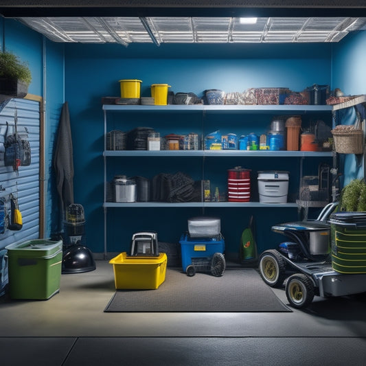A well-organized garage with a lawn mower, trimmer, and edger stored on a slatwall with hooks, bins, and baskets, surrounded by a clean concrete floor and bright LED lighting.