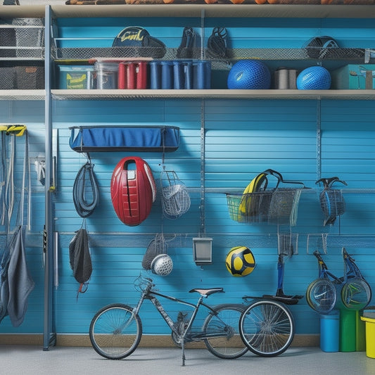 A well-organized garage with a slatwall featuring hooks holding various sports equipment like bicycles, helmets, and balls, alongside labeled bins and shelves storing gear and accessories.