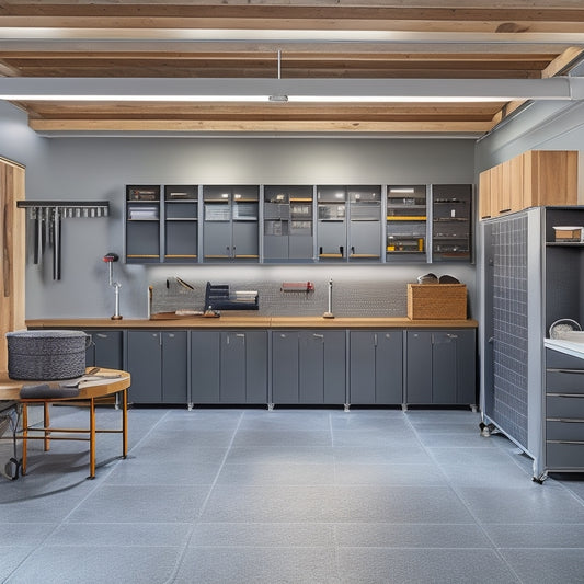 A well-organized garage with a sleek, gray epoxy floor, featuring a slatted wooden ceiling, metal pegboard with hanging tools, and a custom cabinetry system with sliding drawers and a workstation.