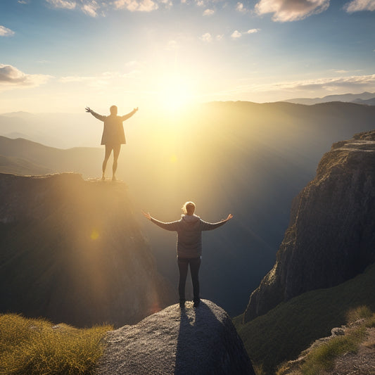 An illustration of a person standing at the edge of a cliff, arms outstretched, with a radiant aura surrounding them, overlooking a vast, sun-kissed landscape with rolling hills and a winding path.