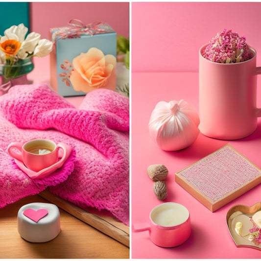 A warm, pastel-colored background with scattered rose petals and candles, surrounded by handmade Valentine's Day gifts, including a photo collage, a knitted heart-shaped pillow, and a customized mug.