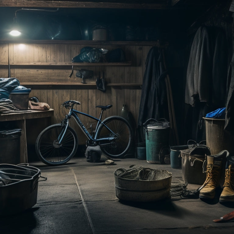 A dimly lit garage with scattered outdoor gear: tangled fishing rods, mud-caked hiking boots, and a rusty bicycle, surrounded by cobwebs, dusty storage bins, and a faint hint of mildew.