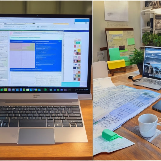 A split-screen image featuring a cluttered desktop with scattered papers, sticky notes, and a laptop with an open Evernote window on one side, and a clean, organized workspace with a mind map on a large screen or whiteboard on the other.