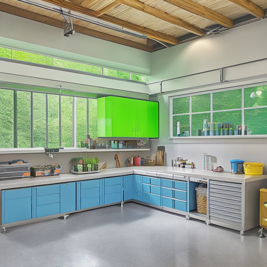 A clutter-free, modern garage with epoxy-coated floors, organized toolboxes, and a sleek, silver workbench, surrounded by a few strategically parked, shiny vehicles and a few well-placed, lush green plants.