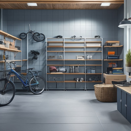 An organized garage interior with a slatted wall system, sleek shelving units, and a modular workstation, featuring a few bicycles, storage bins, and a toolbox, surrounded by a clean, gray concrete floor.