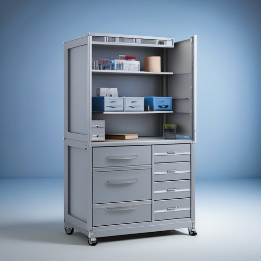 Generate an image of a sturdy, silver-framed mobile storage cabinet with five drawers of varying sizes, set against a clean, light-gray background, surrounded by scattered tools and office supplies.