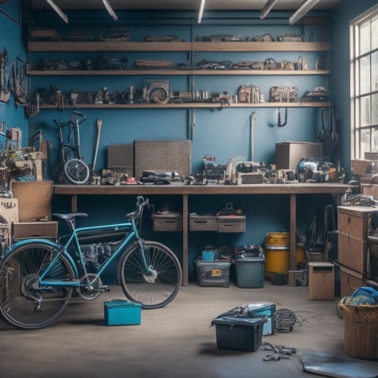 A cluttered garage with scattered tools, bicycles, and boxes, with a faint outline of a organized space in the background, featuring a single, gleaming tool chest with opened drawers.