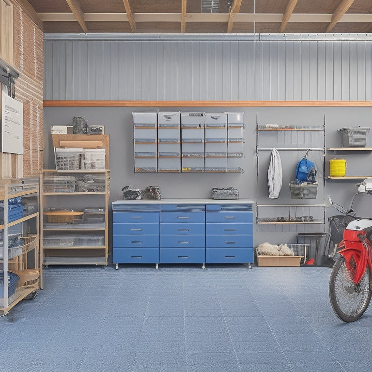 A well-organized garage with a slatwall featuring hooks, bins, and baskets, a sleek workbench with built-in cabinets, and a floor with a labeled parking area for a car.