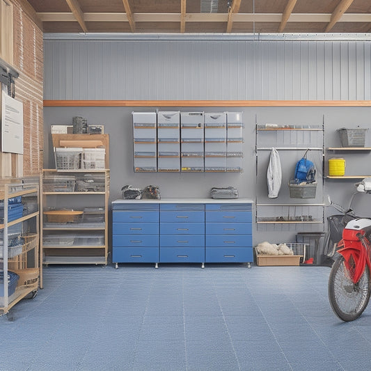 A well-organized garage with a slatwall featuring hooks, bins, and baskets, a sleek workbench with built-in cabinets, and a floor with a labeled parking area for a car.