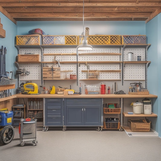 A tidy garage with a pegboard adorned with neatly hung tools, a retractable staircase leading to a loft storage area, and a sleek workbench with built-in drawers and a vise.