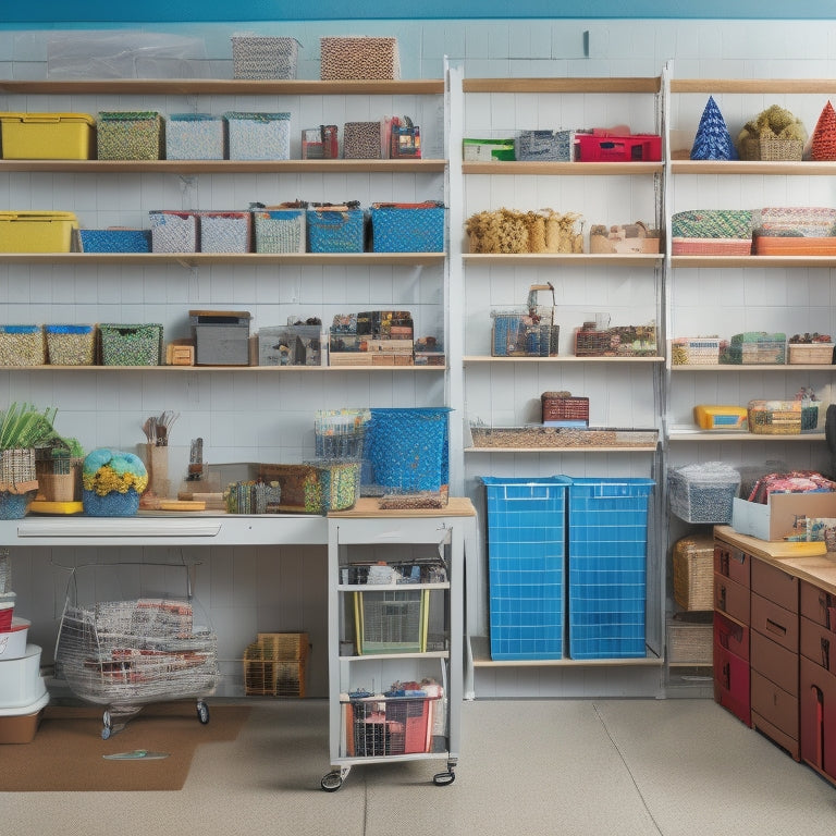 A clutter-free garage with shelves and bins, filled with colorful seasonal office supplies like Halloween-themed paper clips, Christmas tree-shaped staplers, and Easter egg-printed notebooks, organized by holiday.