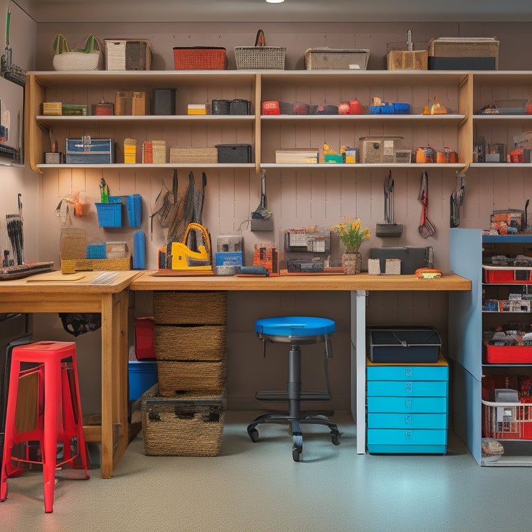 An organized garage with a senior-friendly workstation featuring a waist-high workbench, ergonomic stool, and task lighting, surrounded by labeled bins, baskets, and a pegboard with hanging tools.