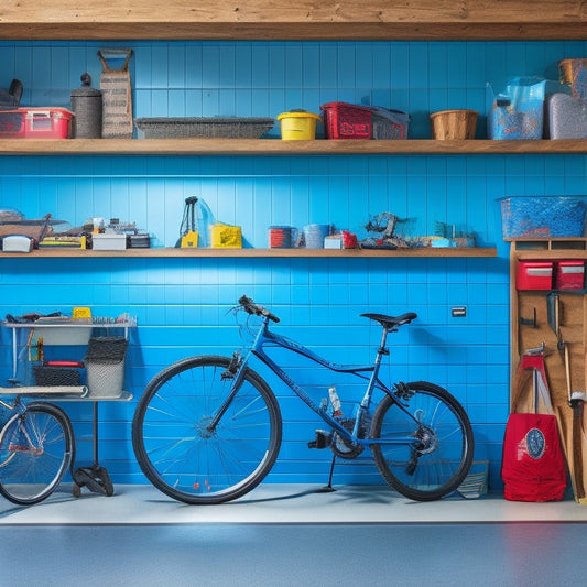 A clutter-free garage with a slatwall featuring hooks, bins, and a pegboard, alongside a workbench with a built-in vice, and a sleek, epoxy-coated floor with a few bicycles and tools neatly arranged.