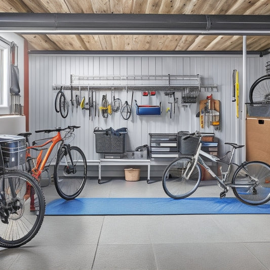 A clutter-free garage with a sleek, silver, ceiling-mounted bike rack holding three bicycles, surrounded by organized toolboxes, labeled bins, and a tidy workbench with a few well-placed power tools.