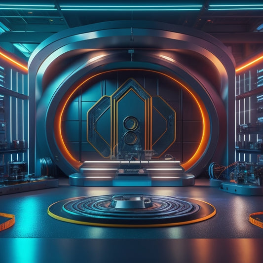A futuristic workshop background with sleek, metallic surfaces and neon lights, featuring 5-7 tape measures with unique, curved, and geometric designs, suspended in mid-air, with subtle glow effects.
