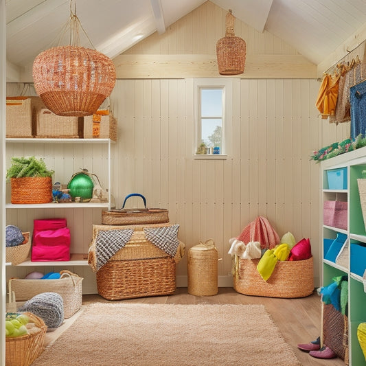 A colorful, clutter-free attic space with stacked, labeled wicker baskets, transparent storage bins, and hanging garment bags, filled with seasonal decorations like ornaments, garlands, and inflatables.