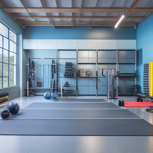 A modern garage gym with a sleek, grey, epoxy-coated floor, featuring a mirrored wall, and a sturdy, industrial-style sliding storage system with metallic handles, holding assorted exercise equipment and accessories.