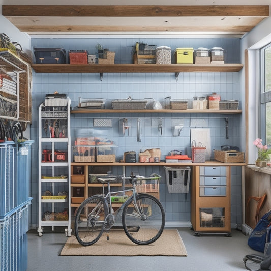 A well-organized small garage with a pegboard on the wall, baskets and bins on shelves, a toolbox on a labeled cabinet, and a few bicycles hung from the ceiling, with plenty of floor space.