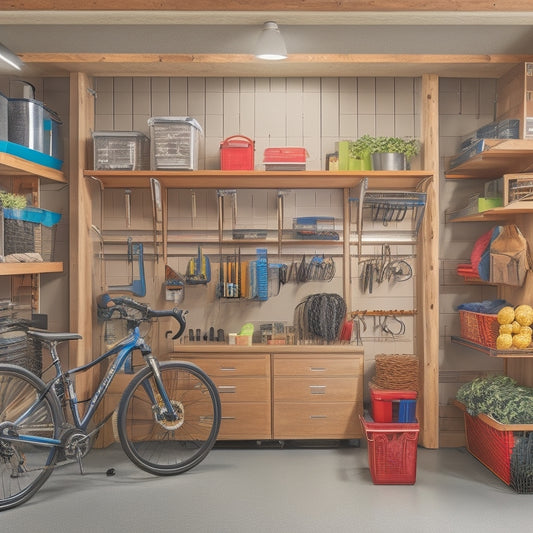 A well-organized garage with slatwall panels, bins, and baskets, a pegboard with tools, a ceiling-mounted bike rack, and a floor-to-ceiling shelving unit with labeled storage containers.