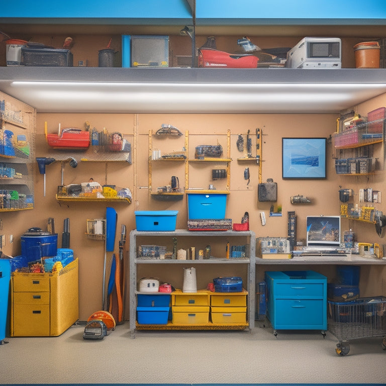 A cluttered garage transforming into an organized space, with tools and equipment neatly stored on wall-mounted pegboards, bins, and shelves, amidst a subtle background of a laptop and tablets.