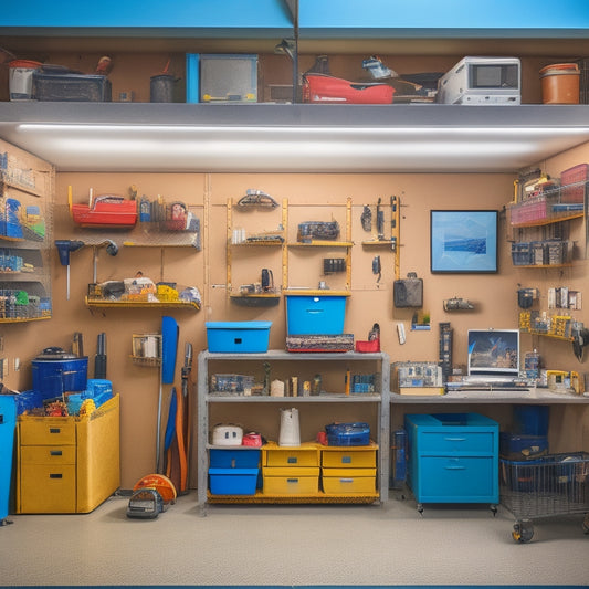 A cluttered garage transforming into an organized space, with tools and equipment neatly stored on wall-mounted pegboards, bins, and shelves, amidst a subtle background of a laptop and tablets.