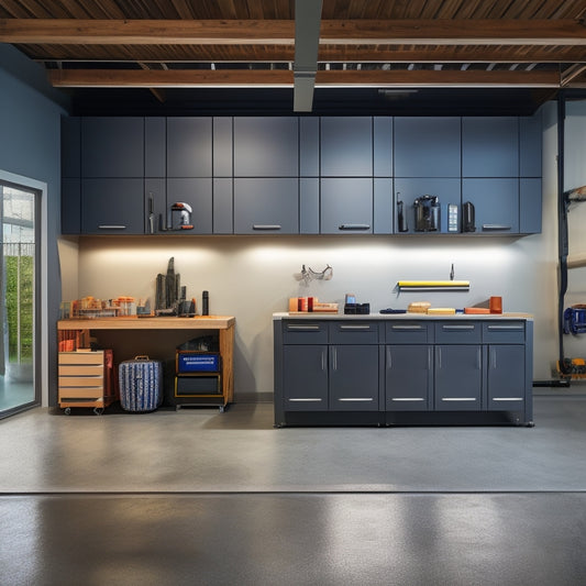 A well-lit, modern garage with sleek gray cabinets, a stainless steel workbench, and a slatted wall system holding various tools and accessories, surrounded by a polished concrete floor.