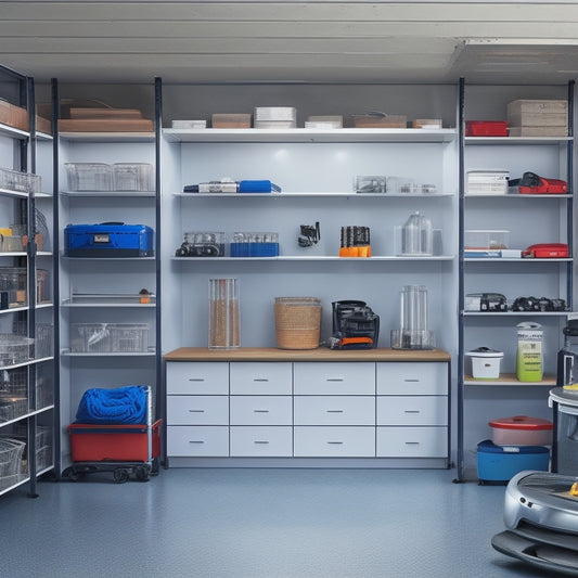 A well-organized garage interior with sleek, modular storage systems, adjustable shelving, and baskets, featuring a silver sports car parked in the background, surrounded by neatly arranged tools and accessories.