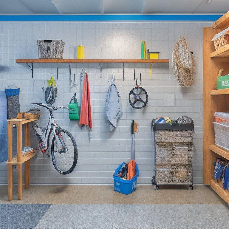 A clutter-free small garage with a slatwall holding bins, a shelving unit with labeled baskets, and a pegboard with hooks, surrounded by a few well-organized tools and a sleek, silver sports bike.