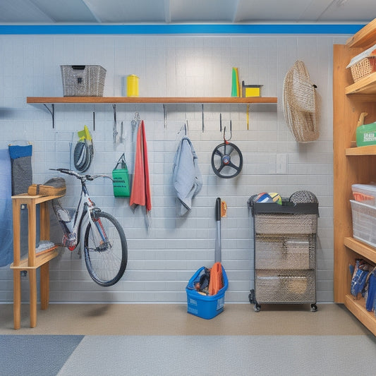 A clutter-free small garage with a slatwall holding bins, a shelving unit with labeled baskets, and a pegboard with hooks, surrounded by a few well-organized tools and a sleek, silver sports bike.