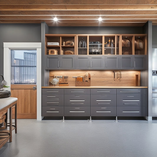 A modern garage with sleek, floor-to-ceiling custom cabinetry in a rich wood tone, featuring pull-out drawers, adjustable shelves, and a built-in workbench with a stainless steel countertop.